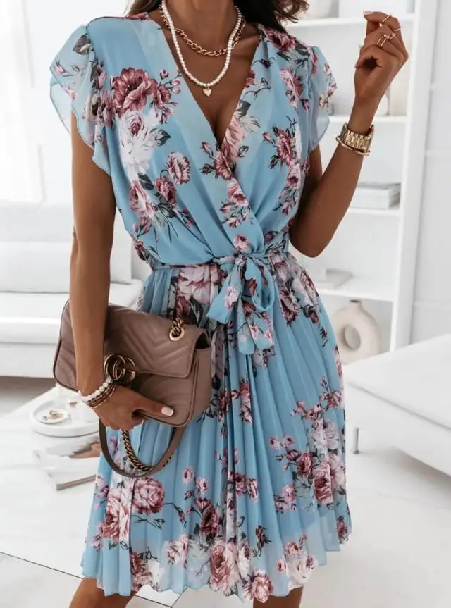 Summer Floral Print Dress For Women New Sleeveless Round Neck Dress Ruffled Short Sleeve Chiffon Print Short Dress For Women