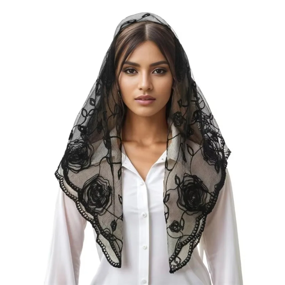 Elegant Lace Mantilla Scarf Floral Pattern Hollow Out Embroidery Church Head Scarf Solid Color Thin Fabric Photo Headpiece