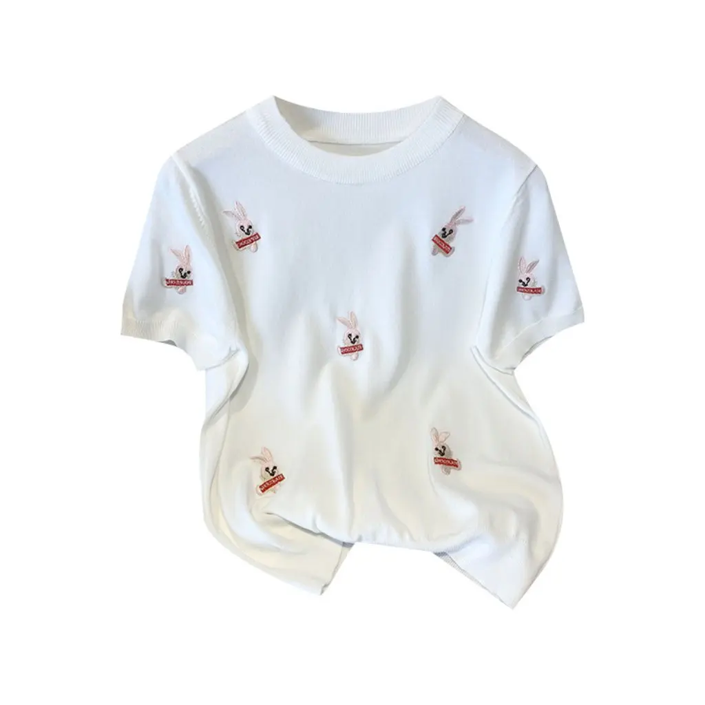 

Women's round Neck Loose Pullover T-Shirt Ice Silk Summer Style Rabbit Embroidered Short Sleeve Top