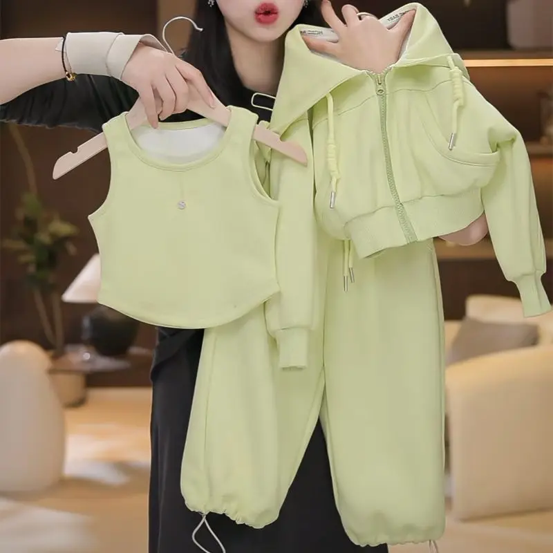 Kids Outfits 3pcs Set Green Spring and Autumn Clothing for Girls New Vest+hooded Short Jacket+pants Children's Tracksuit 2-11 Y