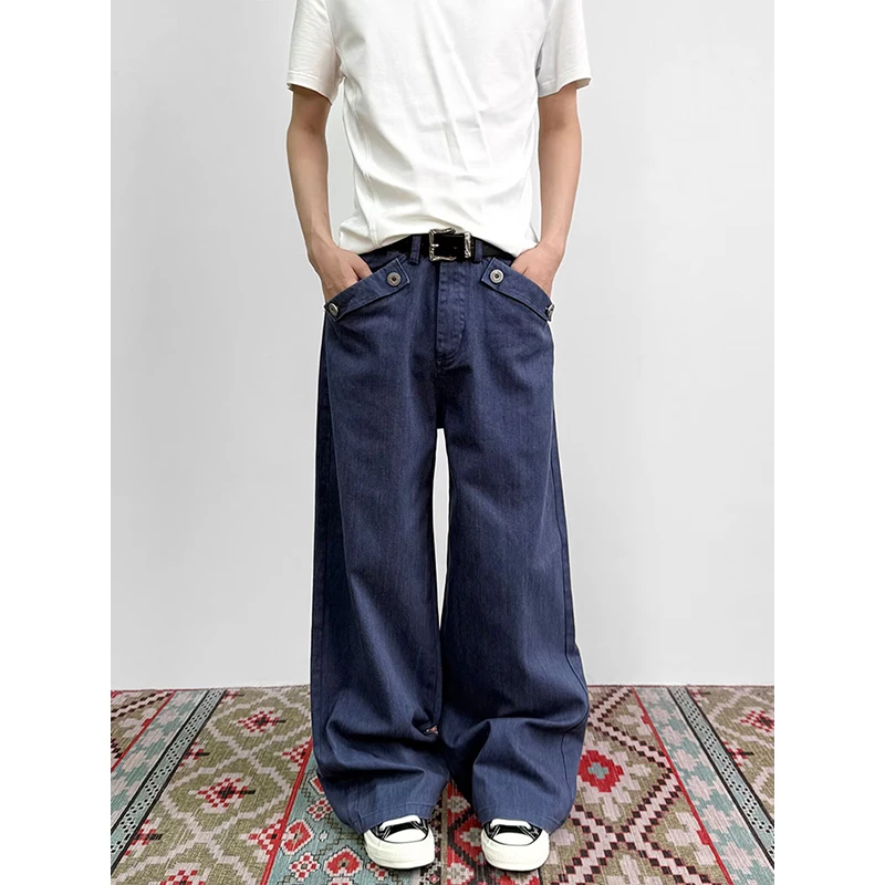 American Retro Wide Leg Straight Jeans  Man's Multiple Buttons Original Blue Summer Loose Long Pants Jeans