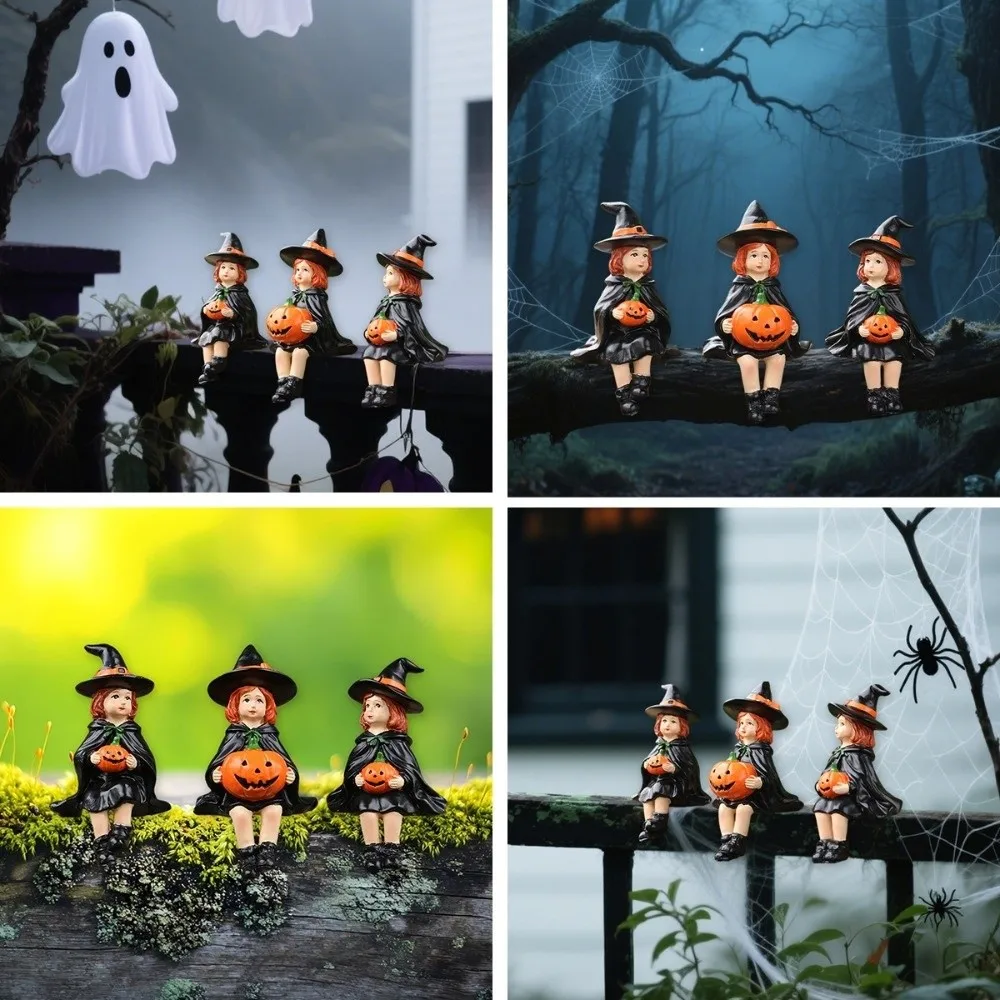 

3pcs Funny Cute Witch Holding Pumpkin Statue Handmade Decoration Halloween Statue Resin Crafts Witch Ornament Bookshelf