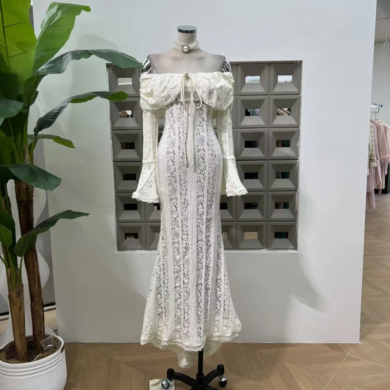 

Весеннее романтическое элегантное кружевное расклешенное платье с открытыми плечами и длинными рукавами, облегающее длинное платье с хвостом русалки