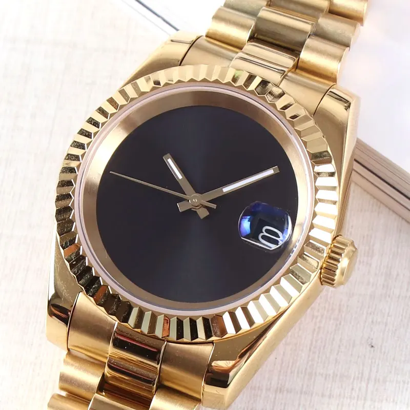 oro 36/39mm quadrante nero DJ stely orologio automatico intrecciato curvo da uomo NH35A vetro zaffiro con retro in vetro