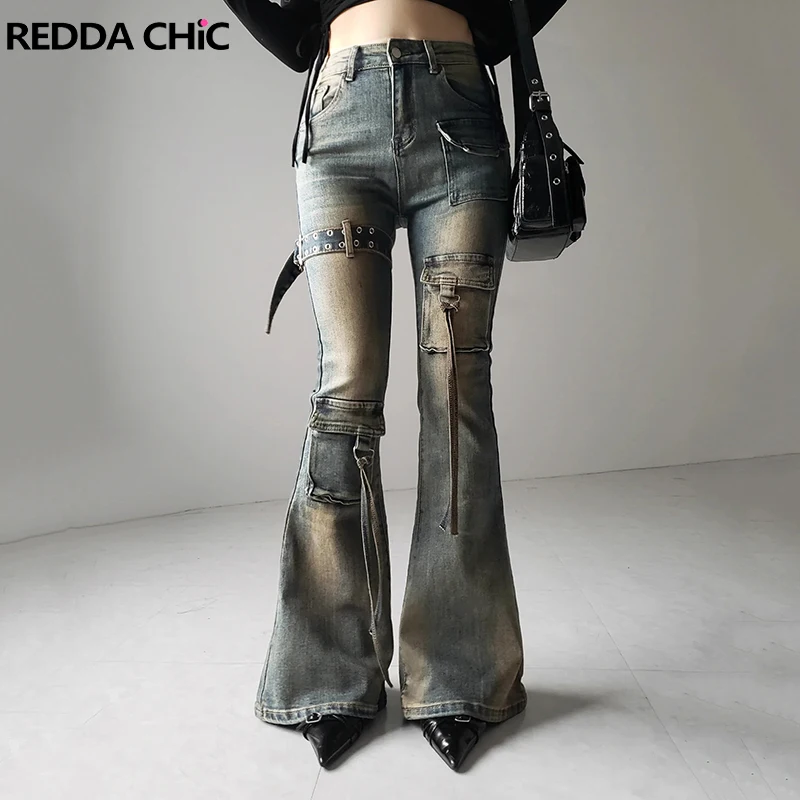 

Женские джинсы REDDACHiC с низкой посадкой, расклешенные, в стиле Y2K, винтажные, с эффектом потертости, с поясом, облегающие, эластичные, с множеством карманов, в стиле карго, корейский уличный стиль