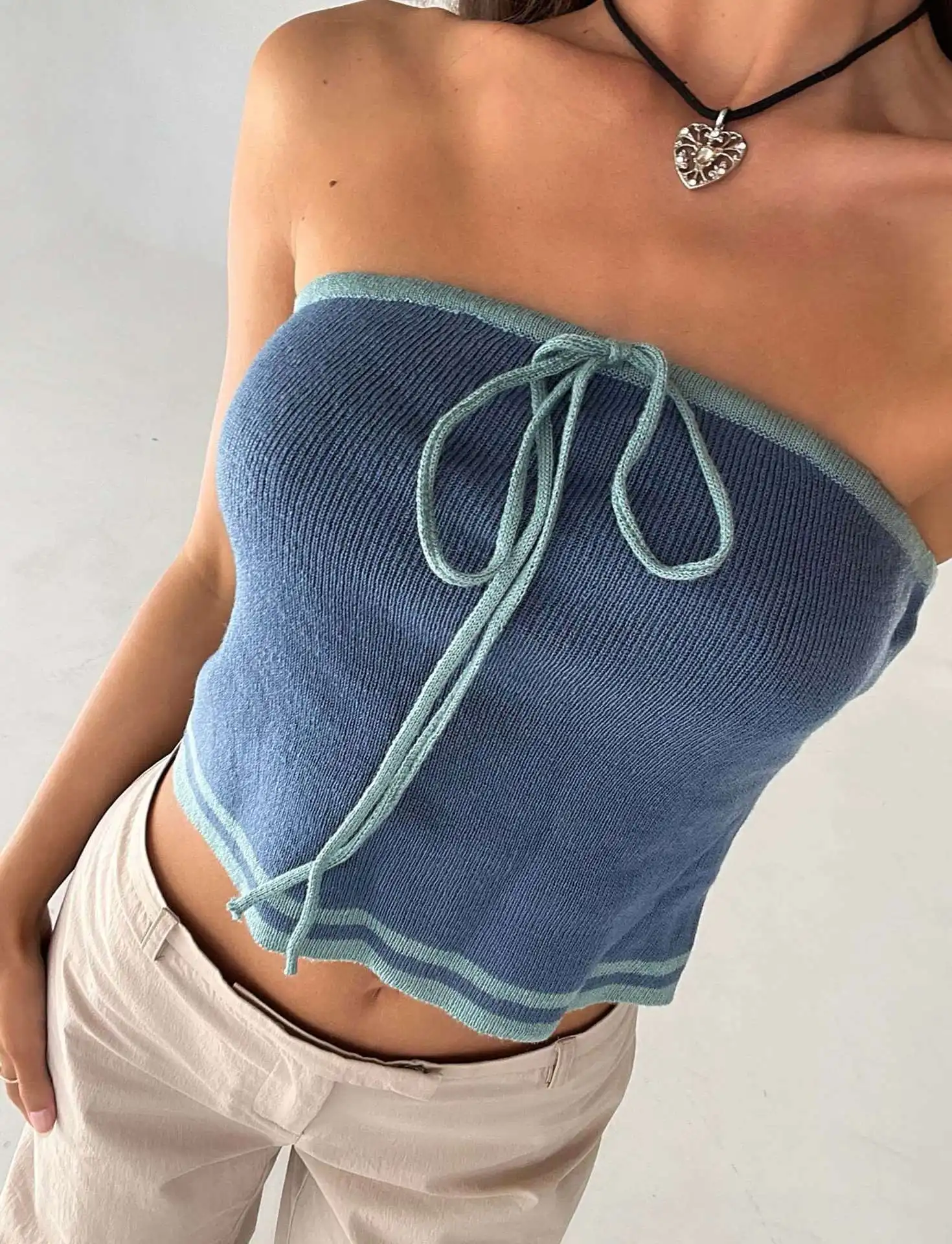 Summer Sexy Short Knitted Tube Top Women's Fashion Neck Hanging Strap Color Block Knitwear Casual Sleeveless Vest Blouse