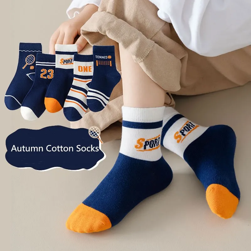 Chaussettes de sport en coton pour enfants, motif de lettres de dessin animé, chaussettes pour enfants, garçons, bébé, printemps, automne, 1-14T, 5 paires