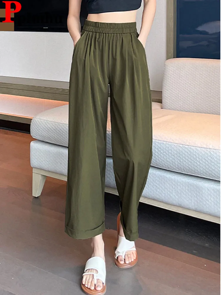 

Ice Slik Loose Straight Pants Women Casual Elastic High Waist Wide Leg Pantalones Korean Fashion Ankle Length Solid Spodnie New
