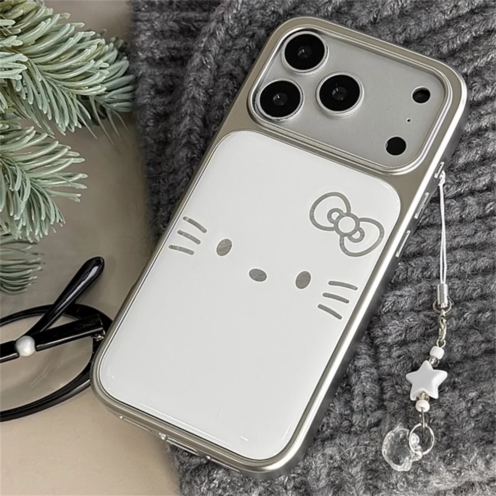 Funda de teléfono con diseño de Hello Kitty plateada chapada a la moda para IPhone 17 16 15 14 Pro Max, cubierta de protección de lente completa a prueba de golpes