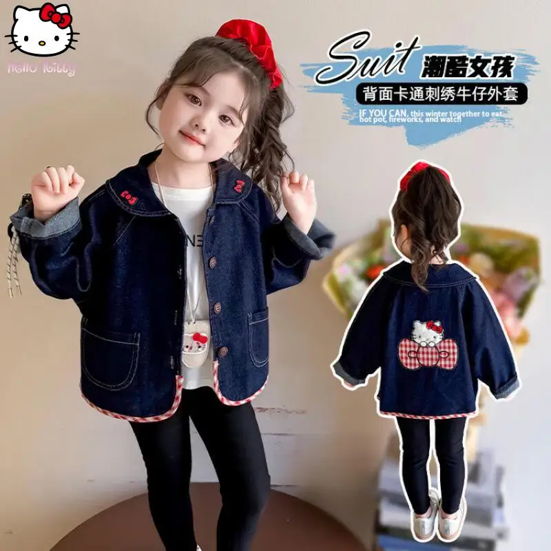 

Hello Kitty Girls' Spring Autumn Denim Jacket Sanrio New Children's Cartoon Anime Fashion Tops Sweet Soft Comfort Denim Jacket