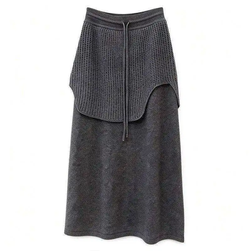 Early spring Korean relaxation soft waxy fake two-piece knitted skirt slim small elastic waist fart curtain long skirt