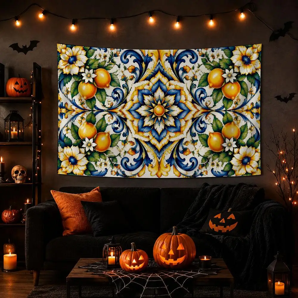 Mediterranean Lemon Flora Polyester Wall Tapestry, Warm Bedroom Background Cloth Healing Household Decoration Wall Decor Gift