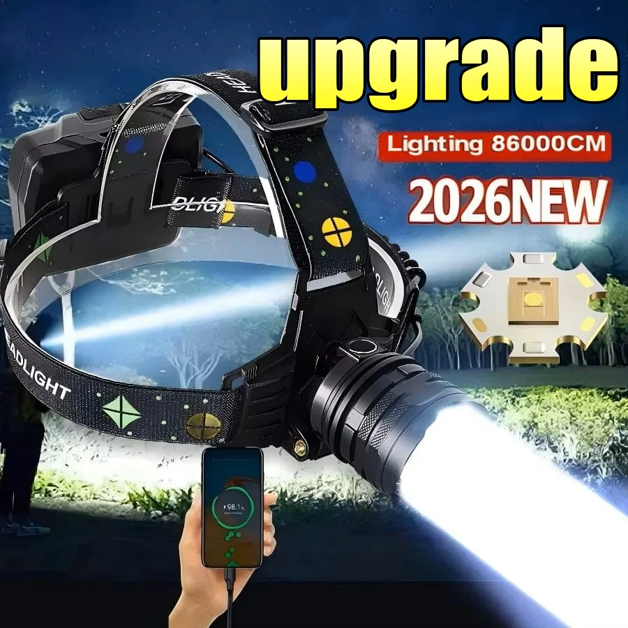 

2026 New Ultra Bright upgrad LED Headlamp High Power Headlight 18650 Rechargeable Head Torch for Outdoor Fishing Hunting Camping