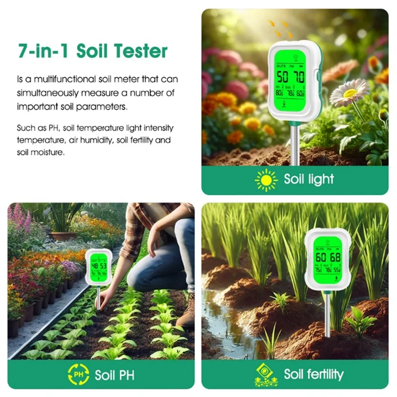 7 In 1 Soil PH Meter ความชื้นในดินเครื่องวัดอุณหภูมิดิน PH Fertility อุณหภูมิความชื้นเครื่องทดสอบสําหรับ Garden Farm เครื่องวิเคราะห์ดิน