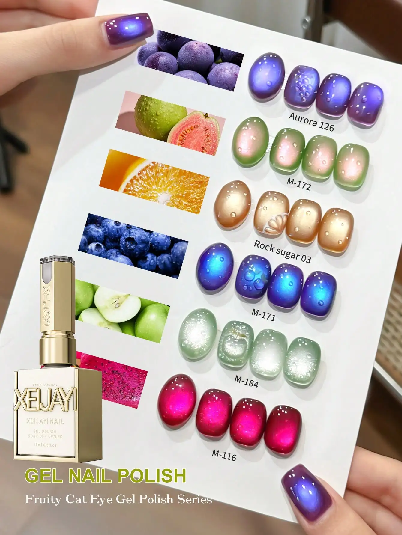 

XEIJAYI 6pcs Sweet & Shiny Fruity Cat Eye Nail Art Gel, Soak Off UV/LED Magnetic Gel Polish with Long Lasting Effect.