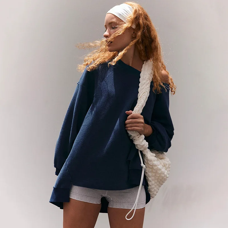 Automne nouveau chic unique épaule à manches longues de sport femmes décontracté lâche solide couleur pull Harajuku Y2K vêtements