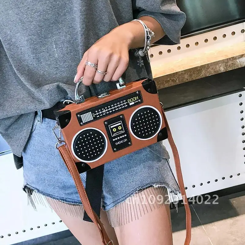 

Unique Retro Radio Box Bag Ladies Leather Metal Shoulder Messenger Bag Crossbody Women's Purse Flap Handbag Pouch Handle Bolsas