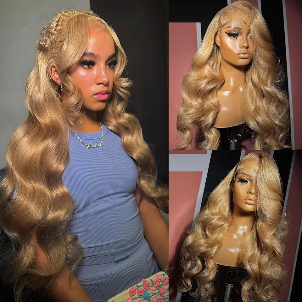 27# Honey Blond Body Wave 13x4 Lace Frontal Human Hair Wigs Brazilian Colored Loose Water Wave 13x6 HD Lace Front Wig For Women