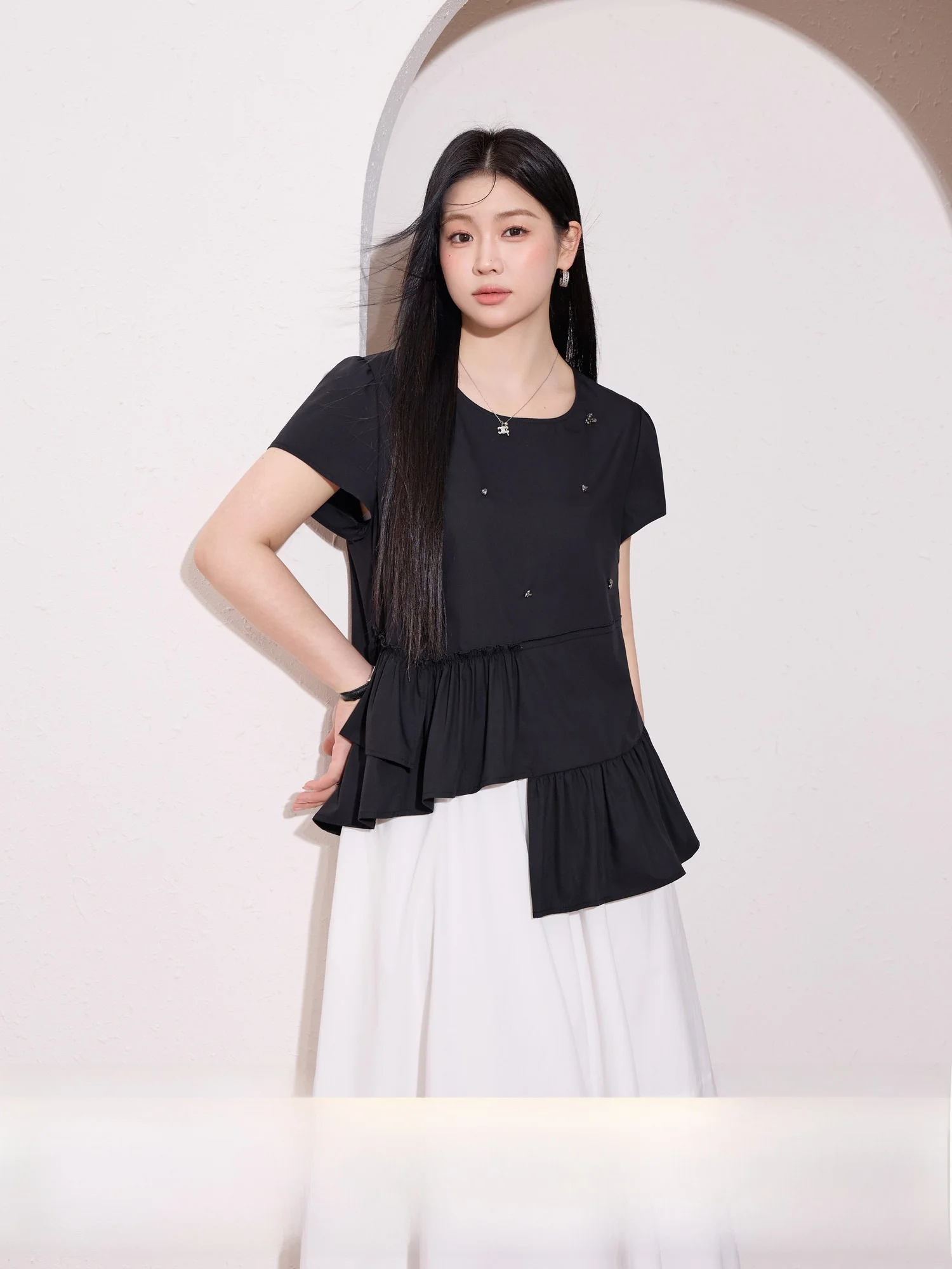 

plus Size Women's irt Blue Language round Ne Embellied Hem Summer Slimming Concealing Commute Sle Polyester Blend