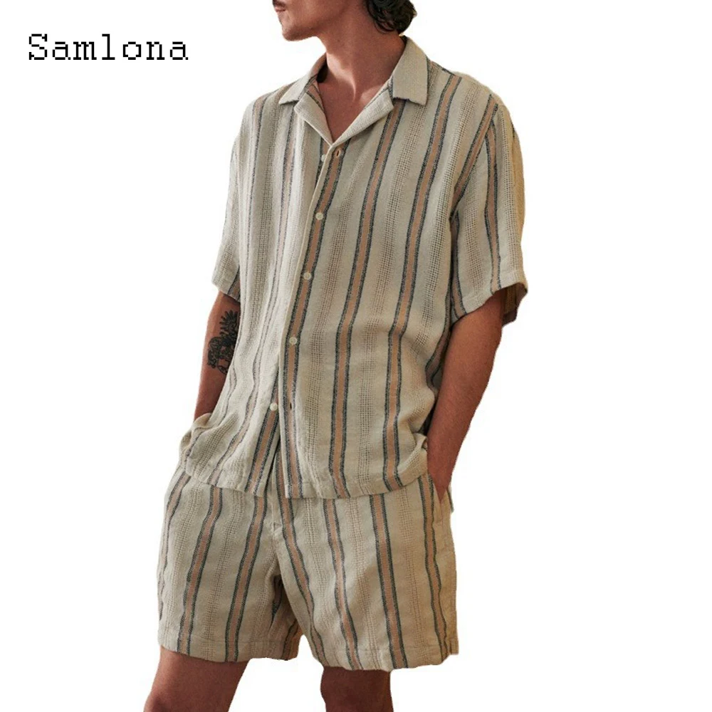 

Mens Casual Beach Two Piece Sets 2025 America and Europe Notched Blouse and Basic Shorts Suit Male Vintage Stripe Tracksuits Set