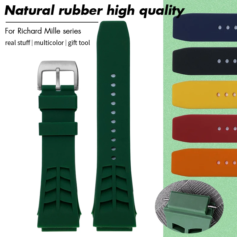 25mm Soft Natural Rubber Watchband for RM Richard Mille Foldover Buckle Colorful Silicone 21mm Spring Bar Yellow Red Watch Strap