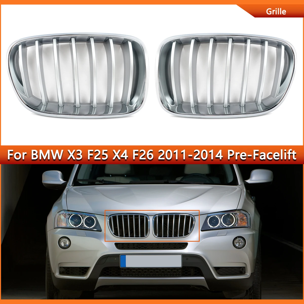 

SAIQINGSP Left/Right Fits For BMW X3 F25 X4 F26 2010-2014 Pre-Facelift Chrome+Silver/Factory Style