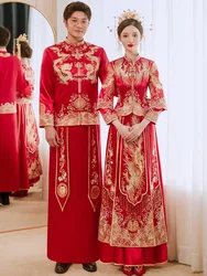 Modern Oriental Cheongsam Couple Red Satin Dragon and Phoenix Embroidery Qipao Chinese Traditional Wedding Dress
