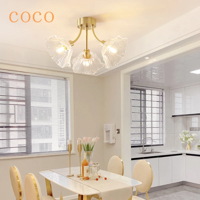 

Скандинавский современный потолочный светильник для гостиной, спальни, светодиодная люстра медного цвета, кухня, столовая, лофт, стеклянные цветы, подвесной светильник