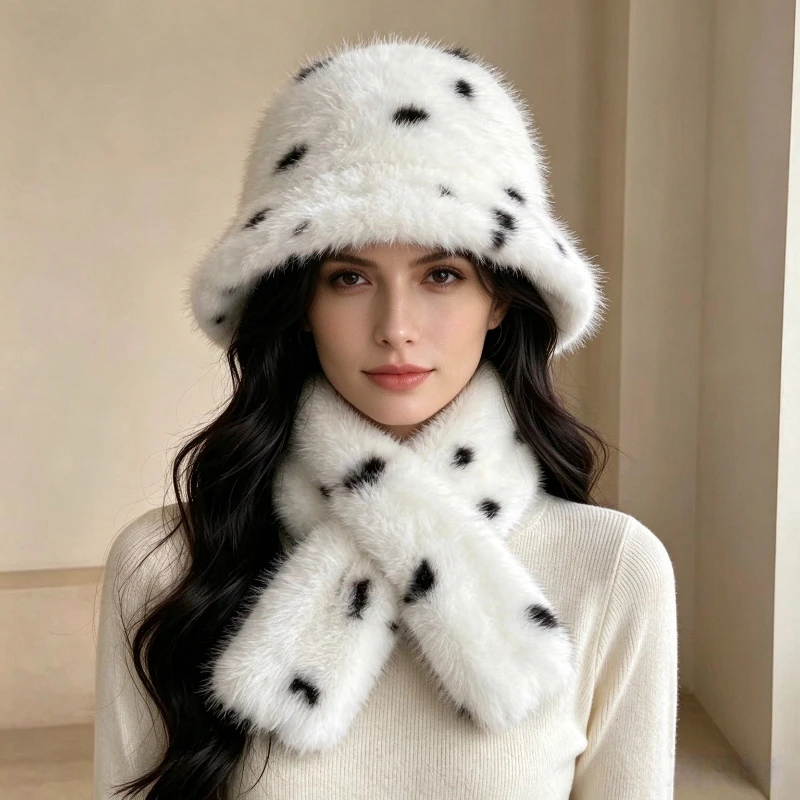 Winter Warm Fisherman Hat Scarf Set Plush Ear Flap Cap Two Piece Bobcat Style Outdoor