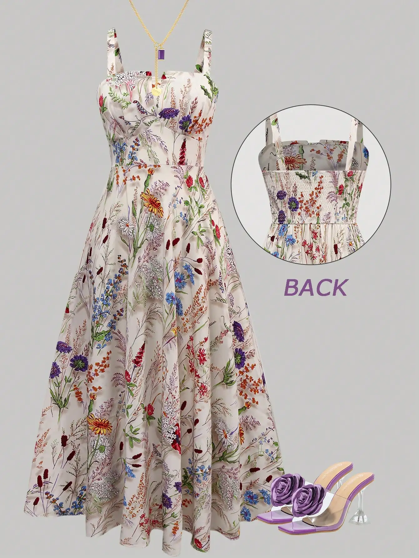 

Floral Print Sleeveless Cinched Waist A-Line Midi Dress with Smocked Back