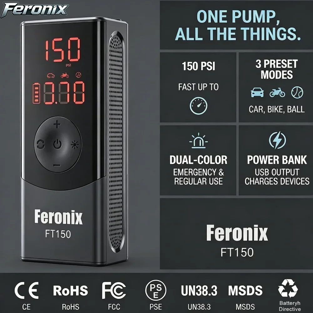 Feronix FT150 Upgraded Version Car Air Pump Tire Inflator Portable Tire Inflator Car Air Compressor with Pressure Gauge