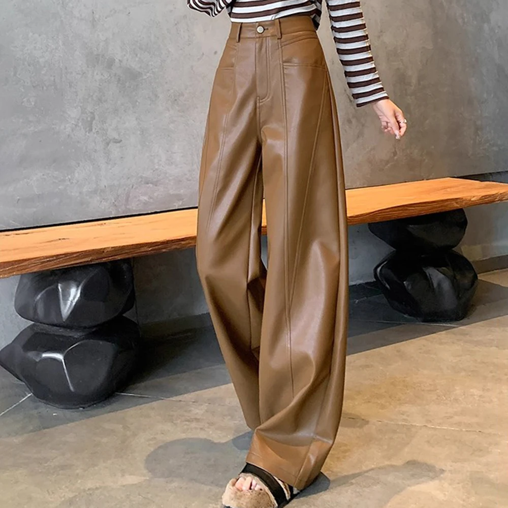 

Brown suit leather pants women's autumn and winter high-end fashion high waist loose and thin vertical straight wide-leg pants