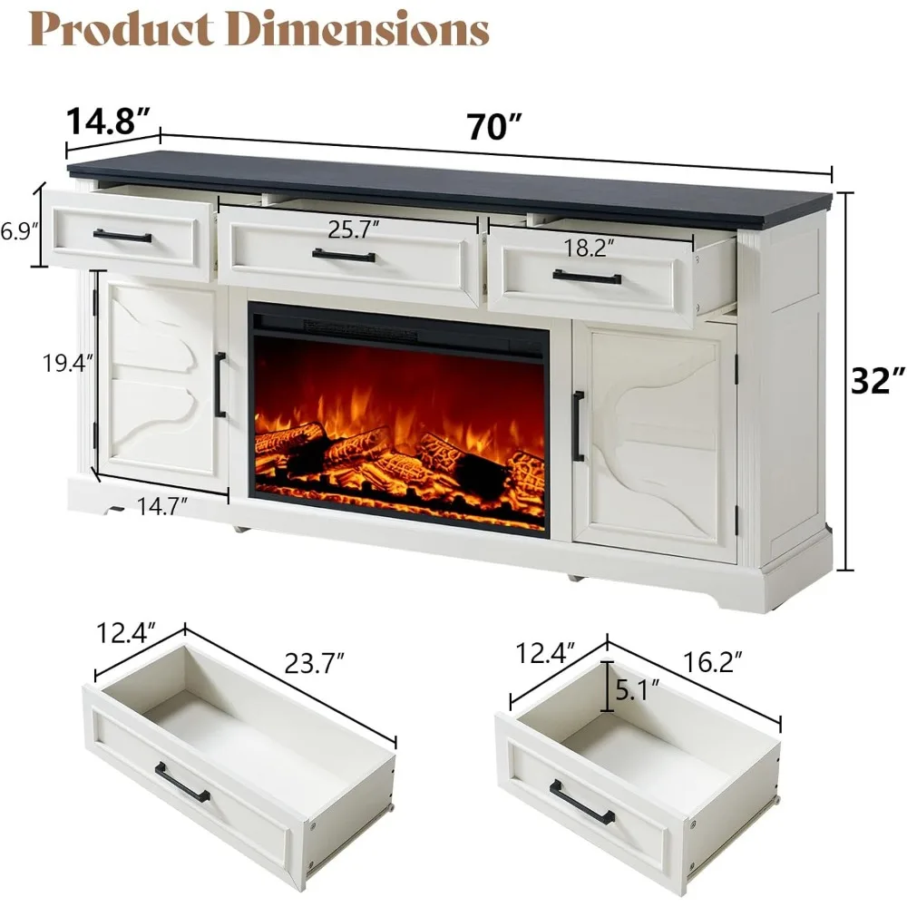 70 Suporte de TV com lareira de fazenda, mesa de centro de entretenimento com lareira elétrica de 30 '', console de TV