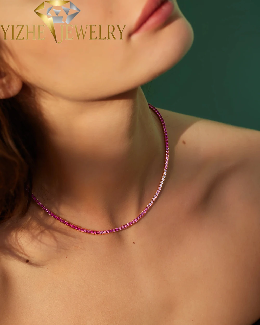 Colorful Pink Color CZ Cubic Zirconia Tennis Chain Choker Necklace Bracelet Women Fashion Beautiful Jewelry view 3
