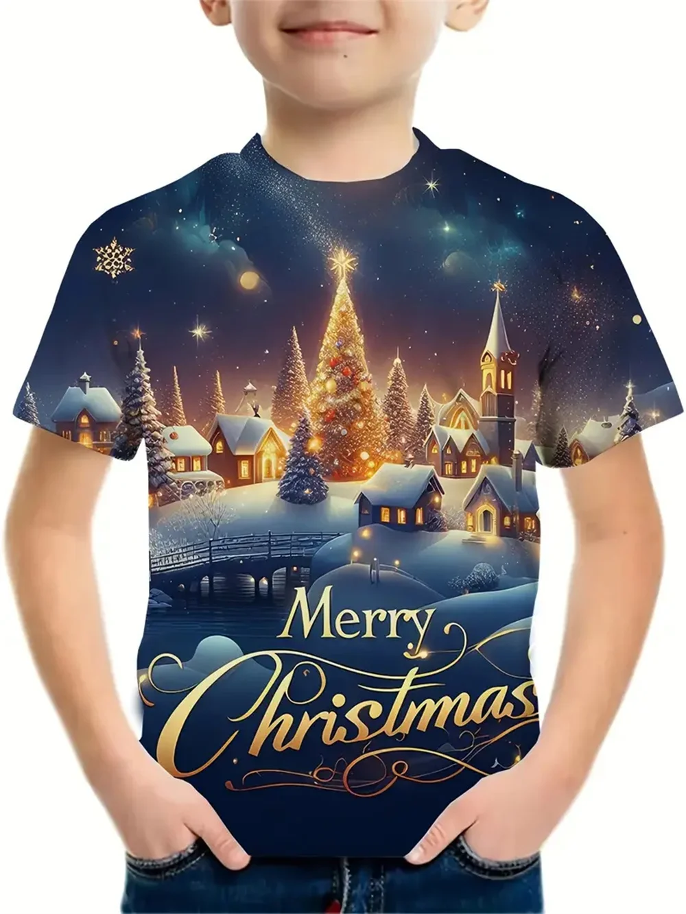 

2025 Christmas Clothing Boys Girls' T-Shirts New Year's T-Shirts Santa Claus Printed Casual Children's Clothing Top Tee