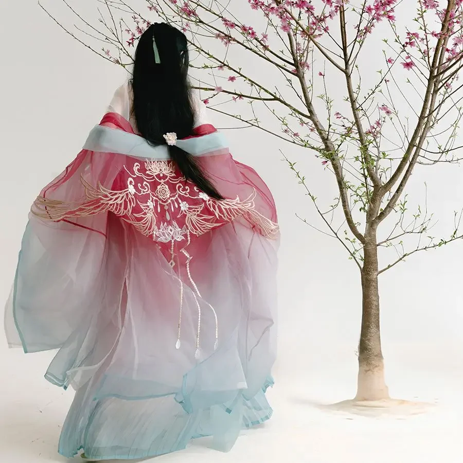 Vestido feminino de princesa Tang Dynasty, vestido hanfu, gradiente azul e rosa elegante, terno hanfu, roupa cosplay, 2024