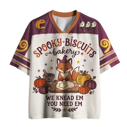 V Neck Mesh Short Sleeve Jersey, Halloween Fox Pumpkin Bakery Cartoon Print Tee, Spooky Cute Casual Loose Top For Party