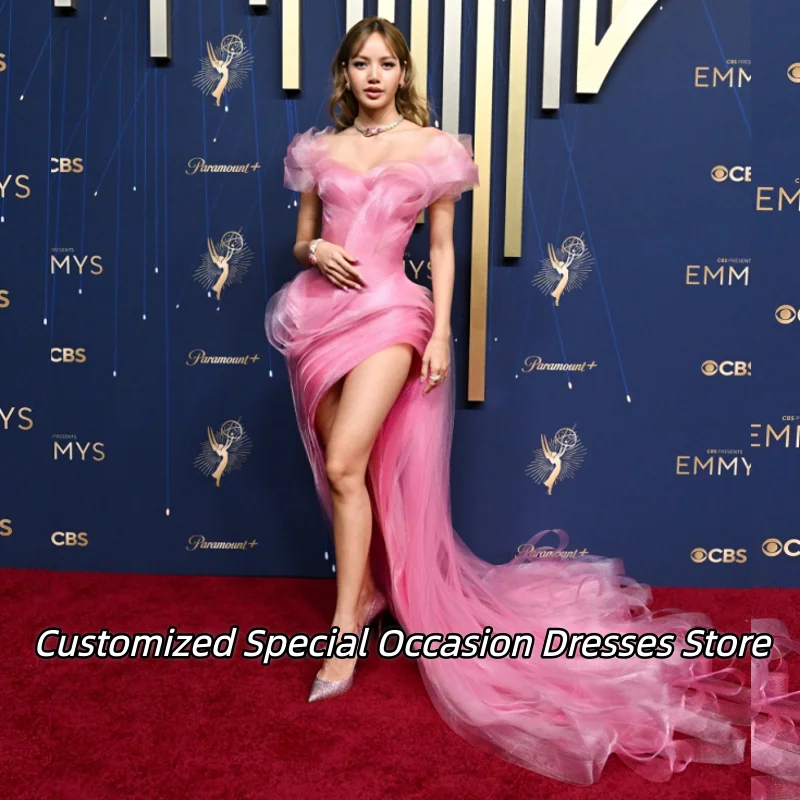 Exquisite Pink Tulle Evening Dresses With High Split 2025 Long Mermaid Prom Dress Vestido De Gala For African Girls Customized