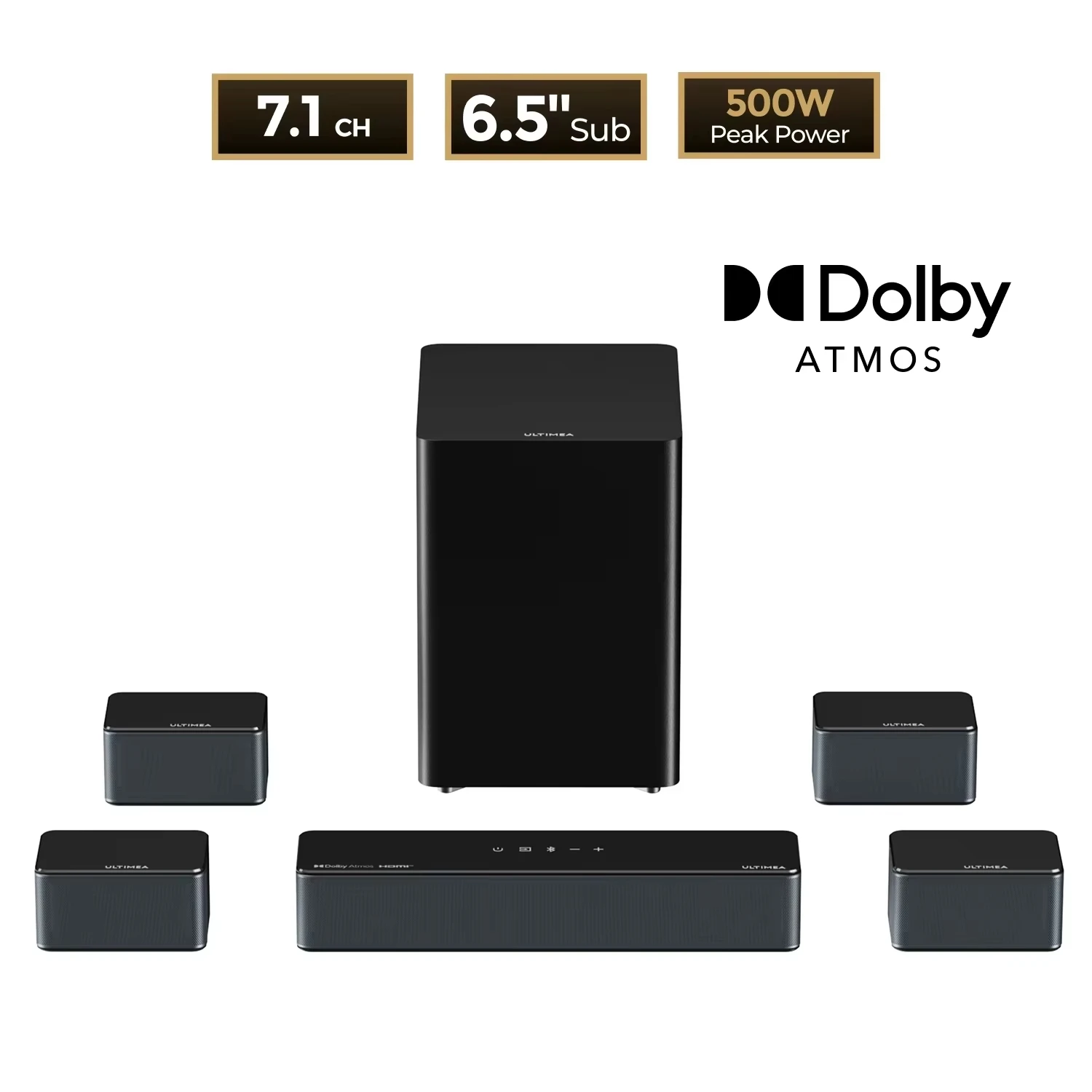 ULTIMEA 7.1 Surround Sound Systeem 500W Soundbar voor TV met 6,5 inch Subwoofer & 4 Bedrade Surround Speakers, Home Theater Geluidssysteem