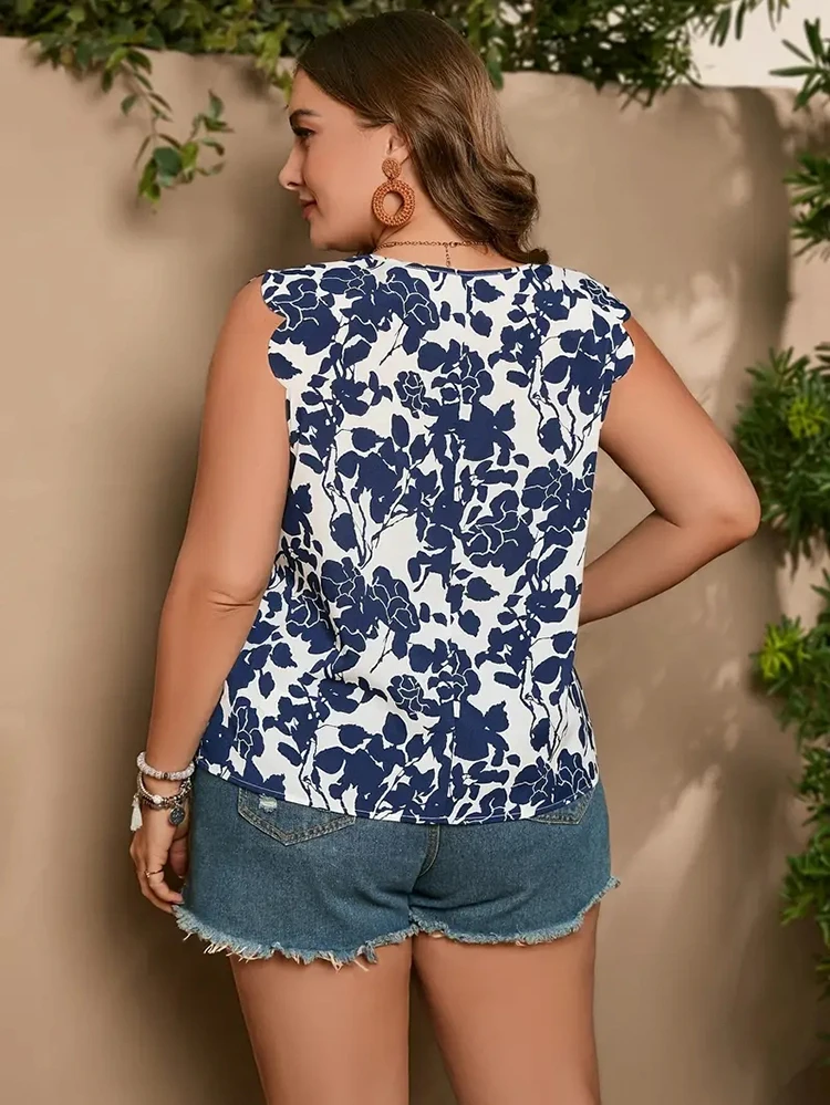 Mugen-Chaleco holgado de talla grande para mujer, blusa con estampado de plantas, camiseta sin mangas, ropa de talla grande, 2024