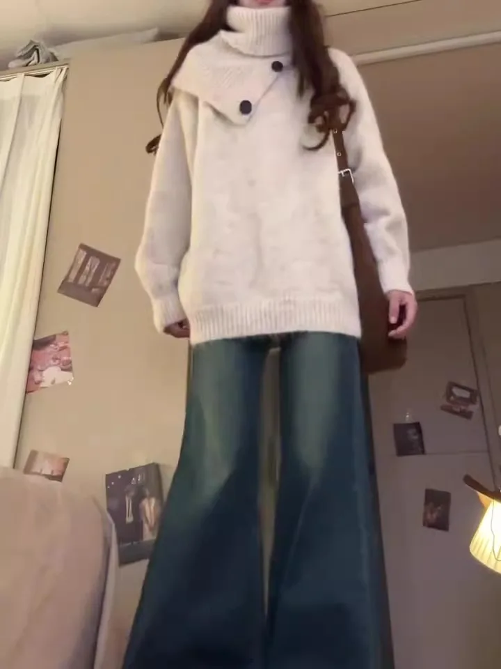 한국 고급 레이지 스타일 여성용 하이 칼라 스웨터 2025 가을 겨울 탈부착 가능한 스카프 니트웨어 탑 세트