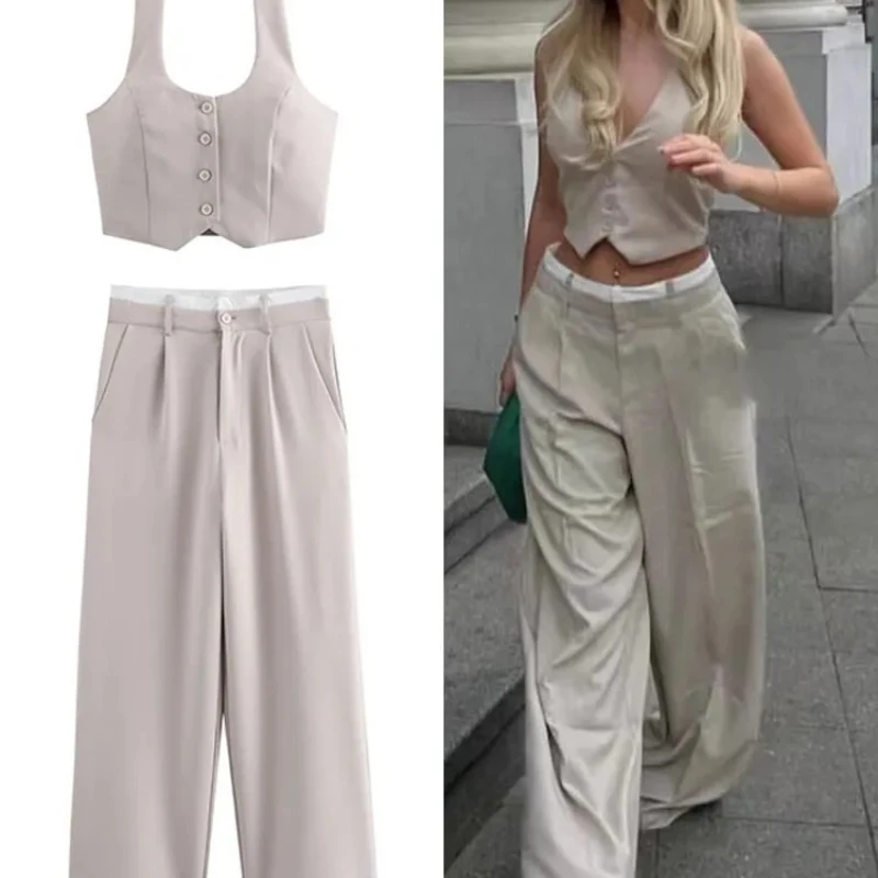 

Women Fashion Solid Vest Pant Suit Single Breasted Halter Cropped Vests Top High Waist Patchwork Trouser Office Lady Sets