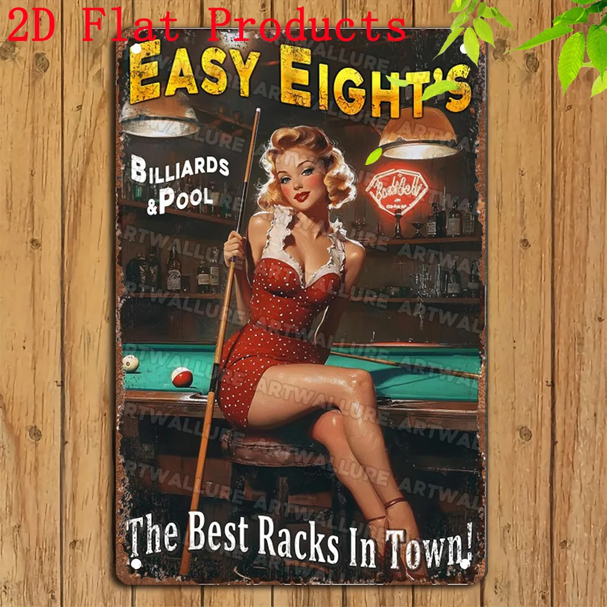 Vintage Billiard Pool Pin-Up Girl Metal Tin Sign - Retro 