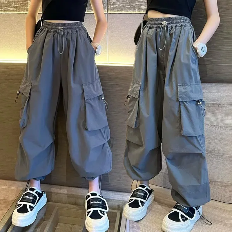 

Детские джоггеры для девочек на весну и осень, винтажные повседневные брюки-карго, свободные спортивные штаны в стиле хип-хоп для подростков, 5-14 лет