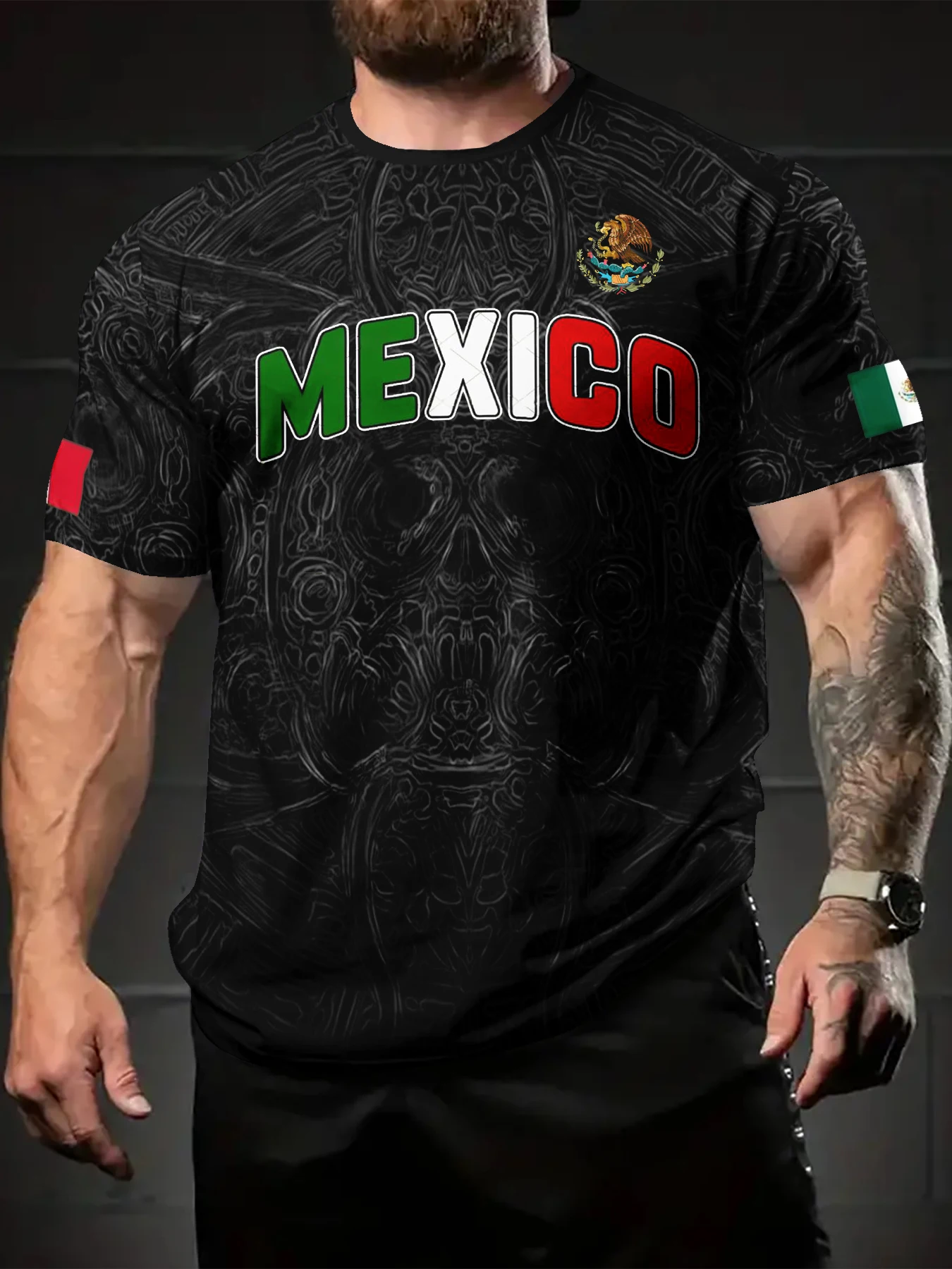 Vintage Engraved Skull Background Color Letter Print Men Casual Short Sleeve Tee