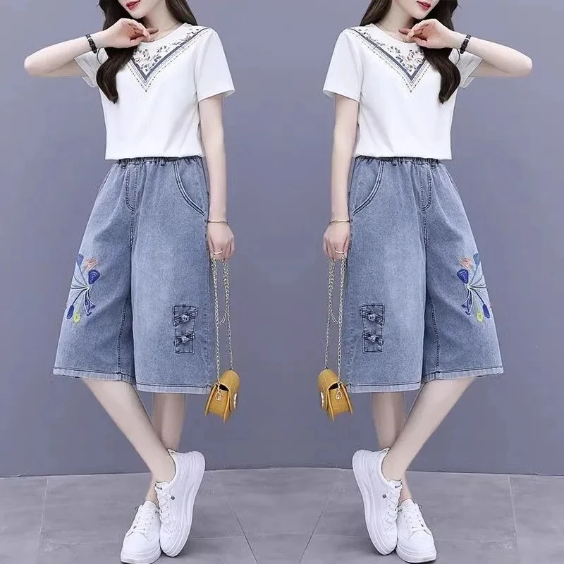 Summer Female Loose Vintage Embroidery Spliced Denim Shorts Fashion Elastic High Waist Casual Wide Leg Jeans Womens Clothin