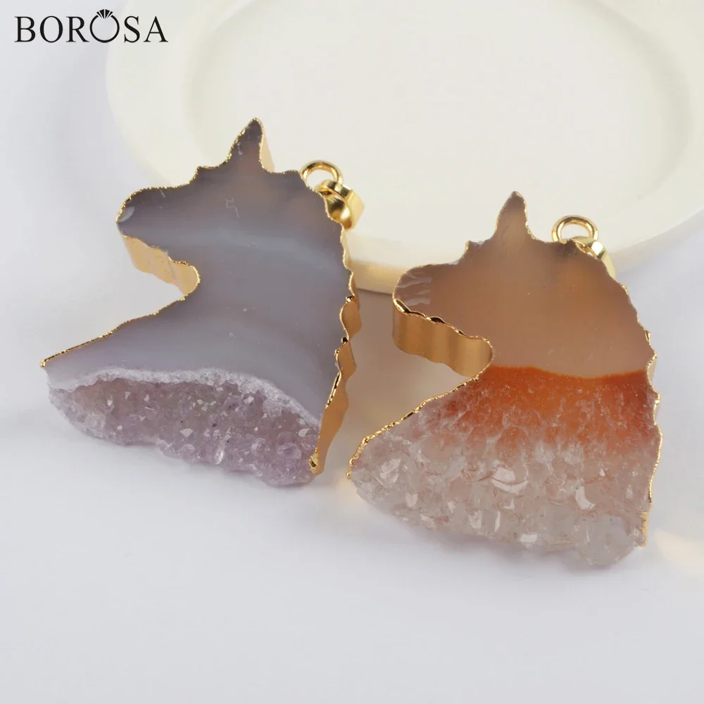 

5/10Pcs Unicorn Golden Color Natural Agates Druzy Necklace 18inch Long Chain Gems Stone Pendant Necklaces Women Jewelry G1975-N