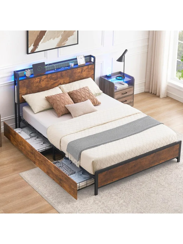 

Queen Size Bed Frame with Storage Headboard and 4 Drawers LED Lights Metal Platform Bed Frame with Charging Station, Matt