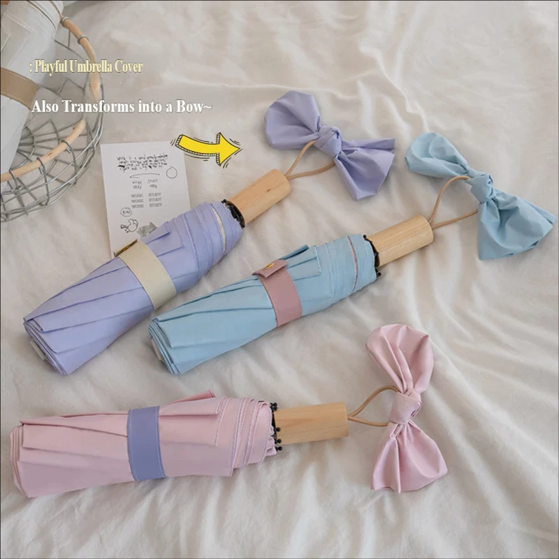 3-Fold Umbrella with 8 Ribs, Colored Glaze Coating, Solid Wood Handle, Wind-Resistant, Minimalist Style, Fresh Color Scheme, Cus