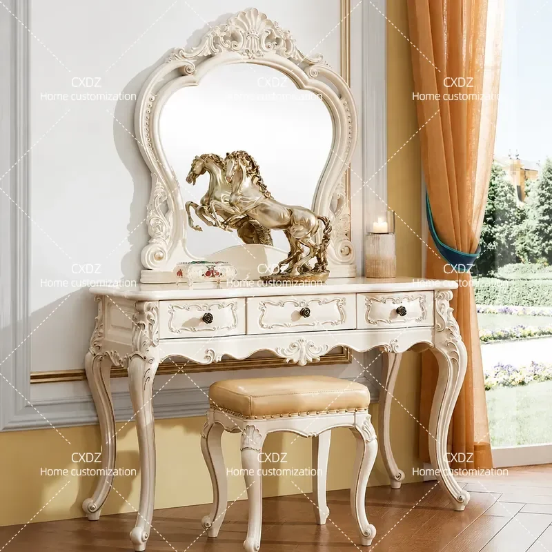 Solid Wood Dressing Table Oak Carved Vanity Desk White Makeup Table with Mirror Luxury Bedroom Furniture Set for Women